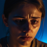 A person with tired eyes and subtle dark circles, illuminated by the harsh blue light of a smartphone screen in a dim room late at night or early morning. The phone appears as the sole focus of their attention, suggesting an all-consuming addiction. The atmosphere conveys a sense of isolation and weariness, reflecting the physical and mental toll of excessive screen time.