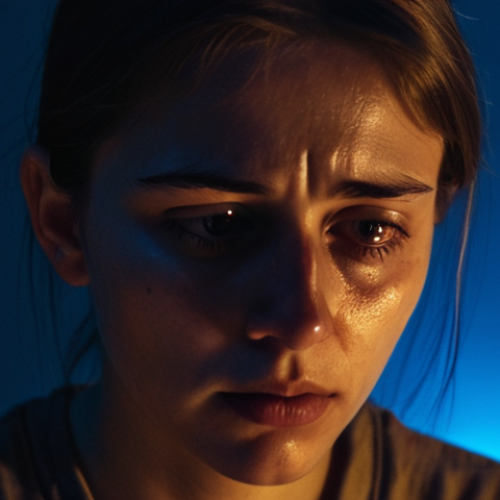 Home 18 A person with tired eyes and subtle dark circles, illuminated by the harsh blue light of a smartphone screen in a dim room late at night or early morning. The phone appears as the sole focus of their attention, suggesting an all-consuming addiction. The atmosphere conveys a sense of isolation and weariness, reflecting the physical and mental toll of excessive screen time.