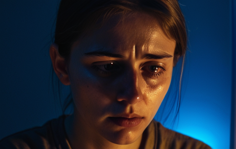 A person with tired eyes and subtle dark circles, illuminated by the harsh blue light of a smartphone screen in a dim room late at night or early morning. The phone appears as the sole focus of their attention, suggesting an all-consuming addiction. The atmosphere conveys a sense of isolation and weariness, reflecting the physical and mental toll of excessive screen time.