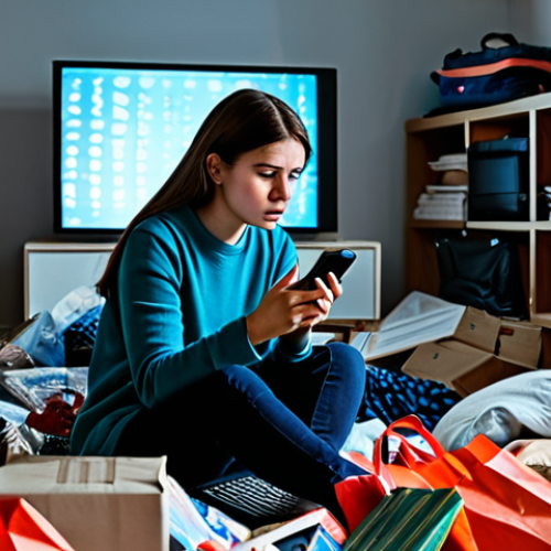 Home 17 A young woman, fully clothed in modest, everyday attire, sits amidst an overwhelming pile of numerous shopping bags in a cluttered apartment, her face reflecting a complex mix of temporary excitement, underlying anxiety, and deep regret. She clutches a smartphone, its screen displaying an online shopping cart filled with more items. The scene is lit by the cold glow of the screen, emphasizing her isolation. Perfect anatomy, correct proportions, natural pose, well-formed hands, proper finger count, natural body proportions, professional photography, high quality, safe for work, appropriate content, fully clothed, family-friendly.