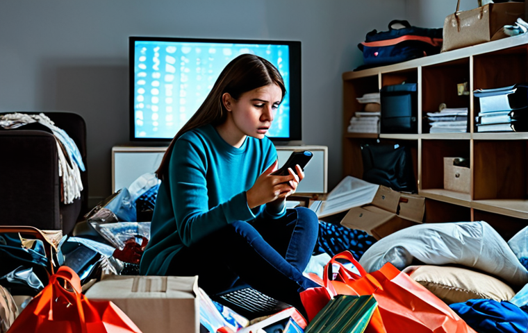 A young woman, fully clothed in modest, everyday attire, sits amidst an overwhelming pile of numerous shopping bags in a cluttered apartment, her face reflecting a complex mix of temporary excitement, underlying anxiety, and deep regret. She clutches a smartphone, its screen displaying an online shopping cart filled with more items. The scene is lit by the cold glow of the screen, emphasizing her isolation. Perfect anatomy, correct proportions, natural pose, well-formed hands, proper finger count, natural body proportions, professional photography, high quality, safe for work, appropriate content, fully clothed, family-friendly.