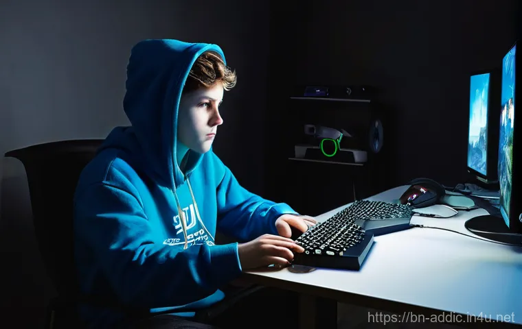 게임 중독 자가 치료법 - **Prompt 1: The Weight of the Virtual World**
    "A young person, around 16-18 years old, sits slum...
