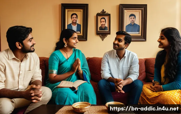 마약 중독 회복 프로그램 - A detailed scene of a Bengali family gathered in a cozy living room, providing emotional support to ...