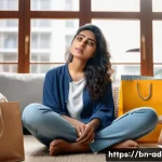 Home 21 쇼핑 중독 자가 진단 - A thoughtful Bengali woman sitting in a cozy modern living room, surrounded by shopping bags and onl...