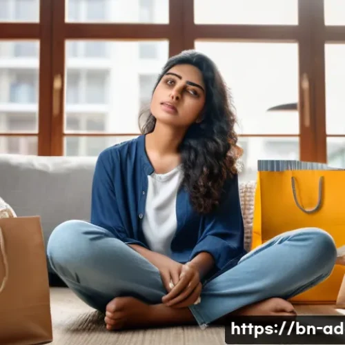 Home 33 쇼핑 중독 자가 진단 - A thoughtful Bengali woman sitting in a cozy modern living room, surrounded by shopping bags and onl...