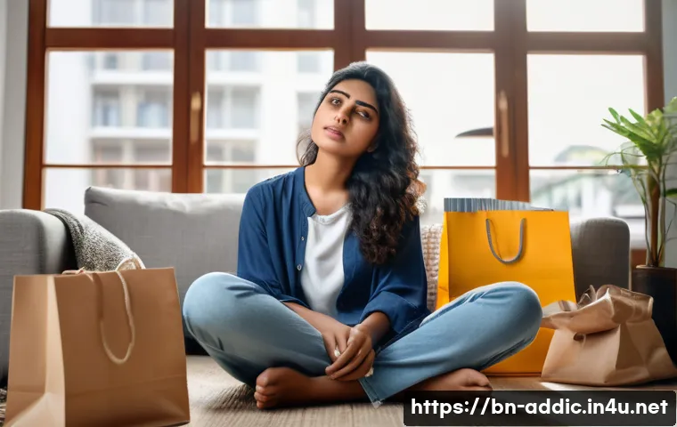 쇼핑 중독 자가 진단 - A thoughtful Bengali woman sitting in a cozy modern living room, surrounded by shopping bags and onl...