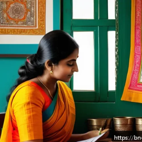 Home 32 쇼핑 중독 회복 사례 - A serene scene of a Bengali woman practicing mindful shopping habits at home: she is thoughtfully re...