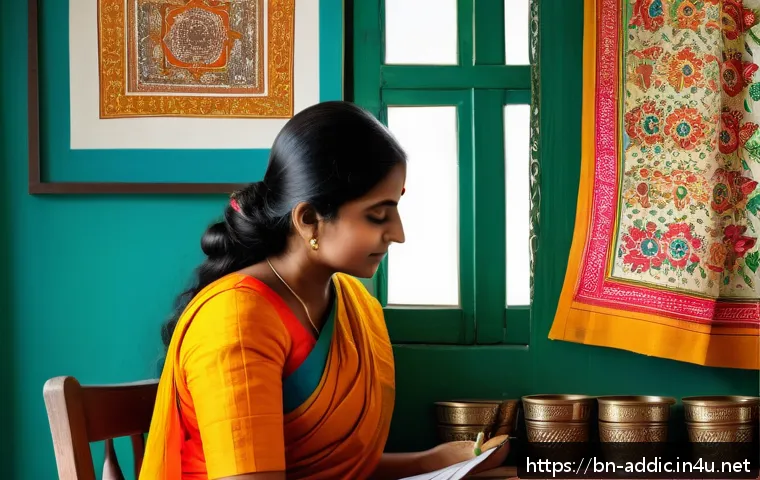 쇼핑 중독 회복 사례 - A serene scene of a Bengali woman practicing mindful shopping habits at home: she is thoughtfully re...