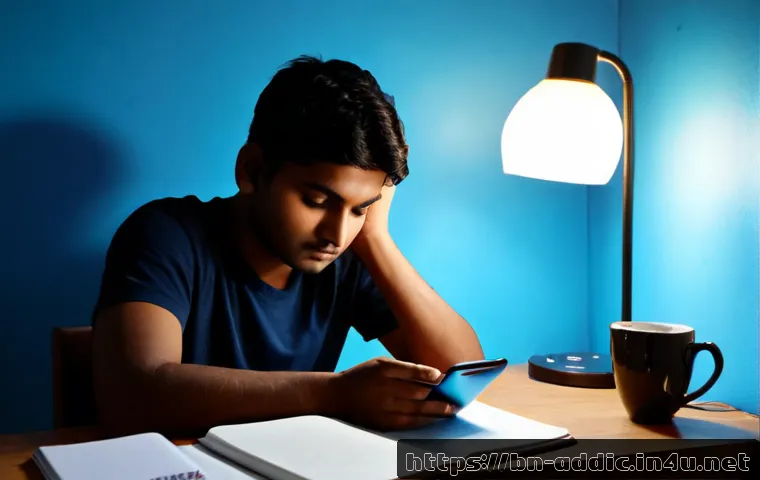 인터넷 중독과 우울증 - Photorealistic scene of a young Bengali adult sitting alone at a tidy desk late at night, face softl...